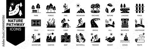 Nature pathway icon set. Vector illustration concept with icon of park, forest, mountain, orchard, nature, lakeside, fence, camp, adventure and more. Solid icons vector symbol background collection.