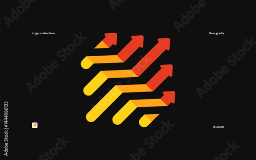 The logo features dynamic diagonal lines of arrows pointing upwards, symbolizing progress, growth, and forward momentum. Each arrow is aligned, creating a clean and structured pattern.