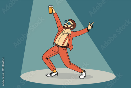 Create a humorous vector illustration of a single man joyfully dancing alone, dramatically illuminated by a spotlight.  He should appear exuberant and silly.