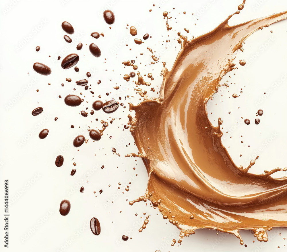 Coffee splash, with scattered coffee beans. A rich, dark brown liquid in a circular splatter pattern, against a white backdrop Coffee splash, with scattered coffee beans. A rich, dark brown liquid in a circular splatter pattern, against a white backdrop