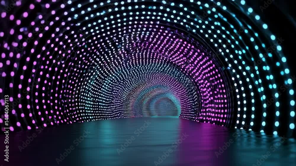 Glowing Dot Tunnel Infinite Loop. High-resolution 4K still frame from a centered, first-person perspective inside a long tunnel constructed of countless vibrant purple and pink glowing dots. 