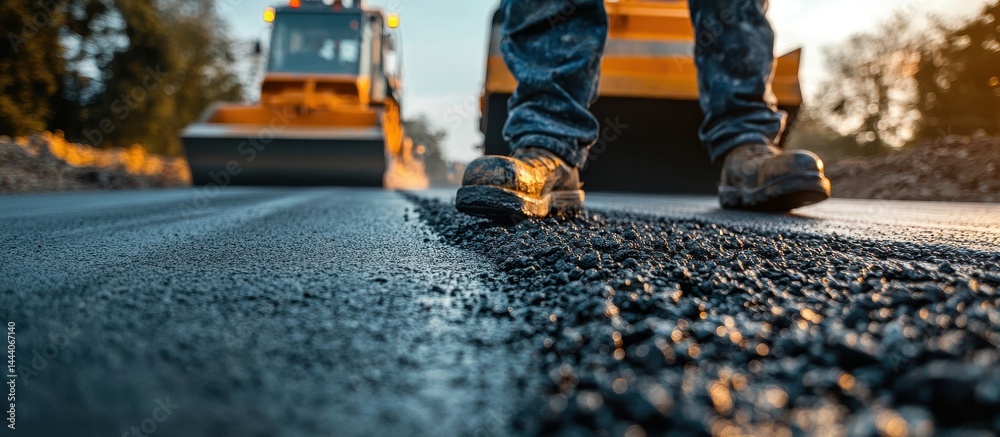 Road Construction Scene with Worker and Machinery on Freshly Paved Asphalt Surface at Sunset Road Construction Scene with Worker and Machinery on Freshly Paved Asphalt Surface at Sunset