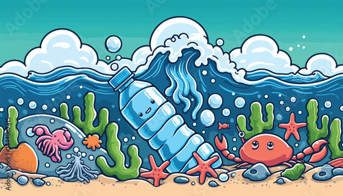 Illustrated Underwater Scene with Marine Life and Ocean Pollution
