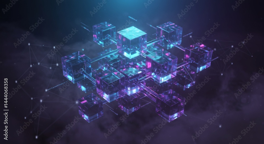 Obraz premium Abstract interconnected crystal cubes floating in a dark space with glowing connections and particles