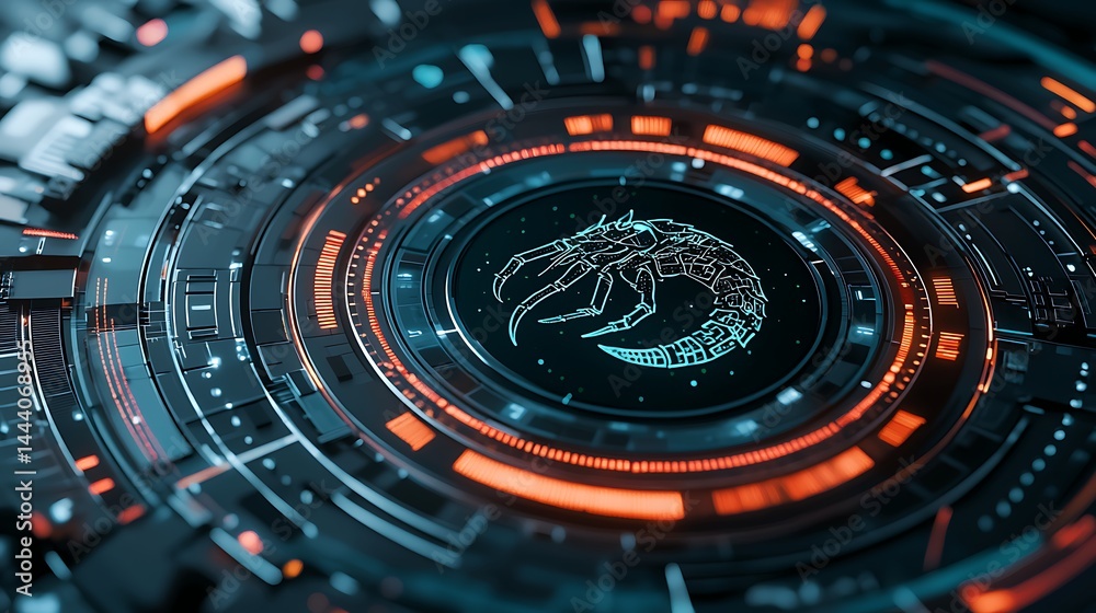 Circular interface with glowing graphic of a creature Circular interface with glowing graphic of a creature