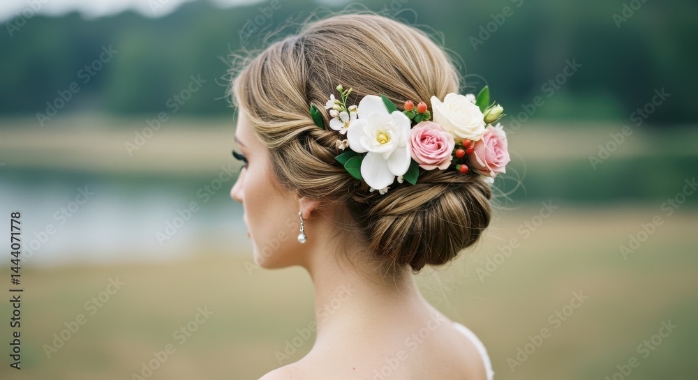 Naklejka premium Female with elegant floral updo in serene outdoor park setting