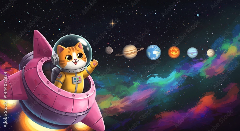 Fototapeta premium Whimsical feline cosmonaut embarking on a celestial journey through the cosmos