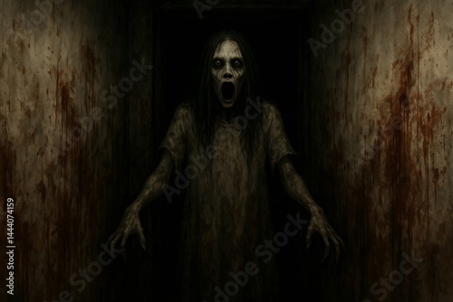 Haunting Specter in Dark Hallway with Frightening Presence