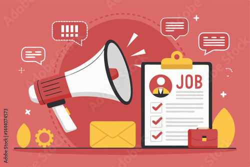 Illustrate a vibrant hiring concept a megaphone announces job openings on a bustling job board, emphasizing urgency and opportunity.  Avoid a single, solitary figure.