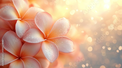 Close-up view of delicate, pastel plumeria blossoms in soft light.