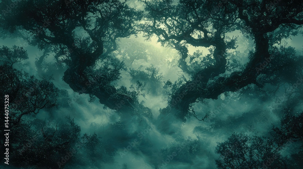 Fototapeta premium Enchanting, mystical forest shrouded in mist. Ancient, gnarled trees intertwine in a dense, ethereal landscape