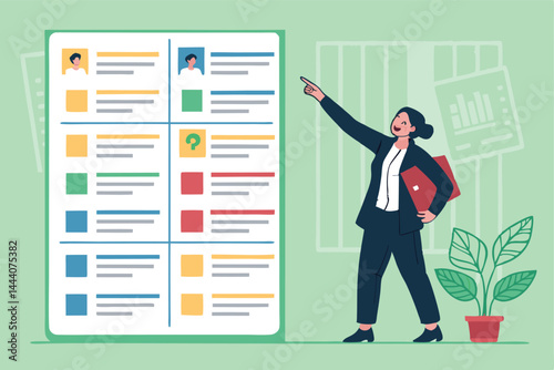 A confident HR manager enthusiastically points at a massive hiring board filled with applicant profiles, showcasing a busy recruitment process.