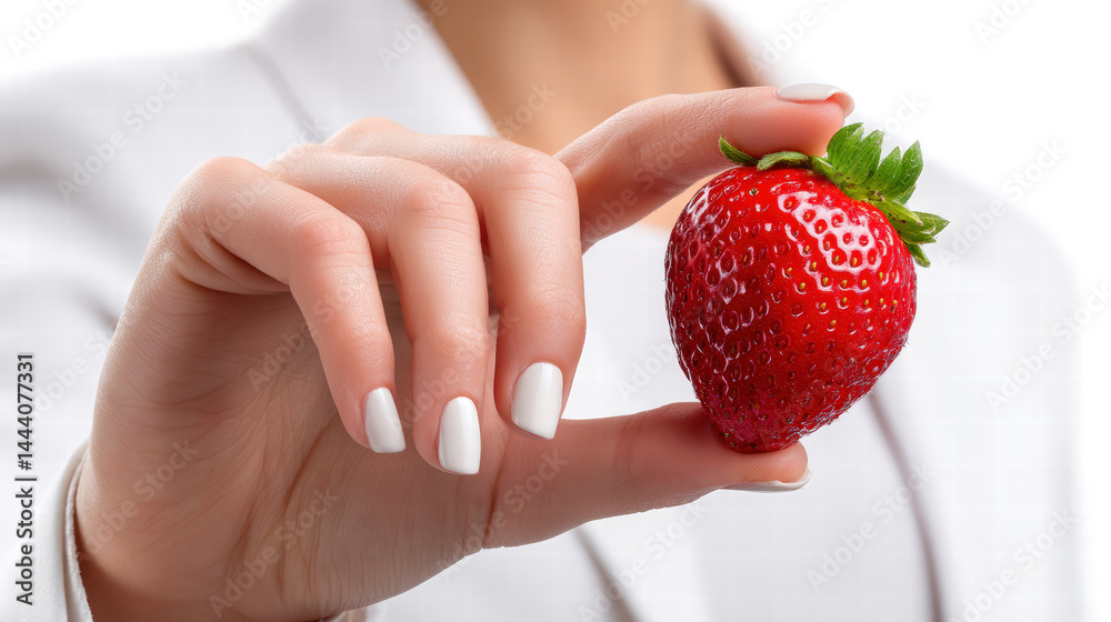 Obraz premium Closeup of woman hand holding ripe strawberry, showcasing its vibrant red color and fresh appearance. hand has neatly manicured nails, adding elegance to image