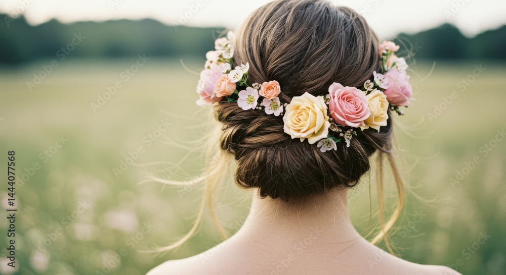 Naklejka premium Close-up of woman's back with braided hair adorned with pastel flowers in a meadow