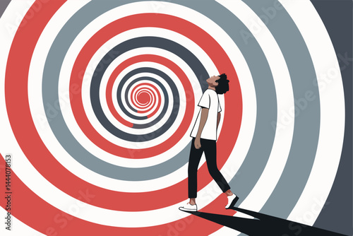 A detailed illustration depicting a person deeply hypnotized, eyes closed, with swirling, endless spirals emanating from their head, suggesting a hypnotic trance.