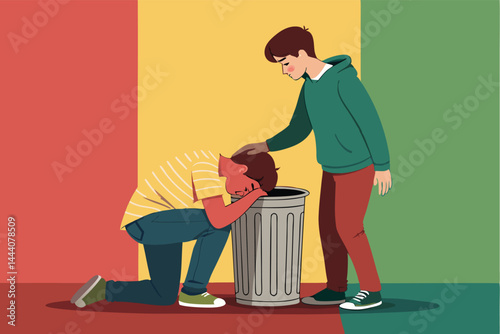 Detailed illustration of a man experiencing severe nausea, vomiting into a public trash can, depicting realistic illness symptoms.