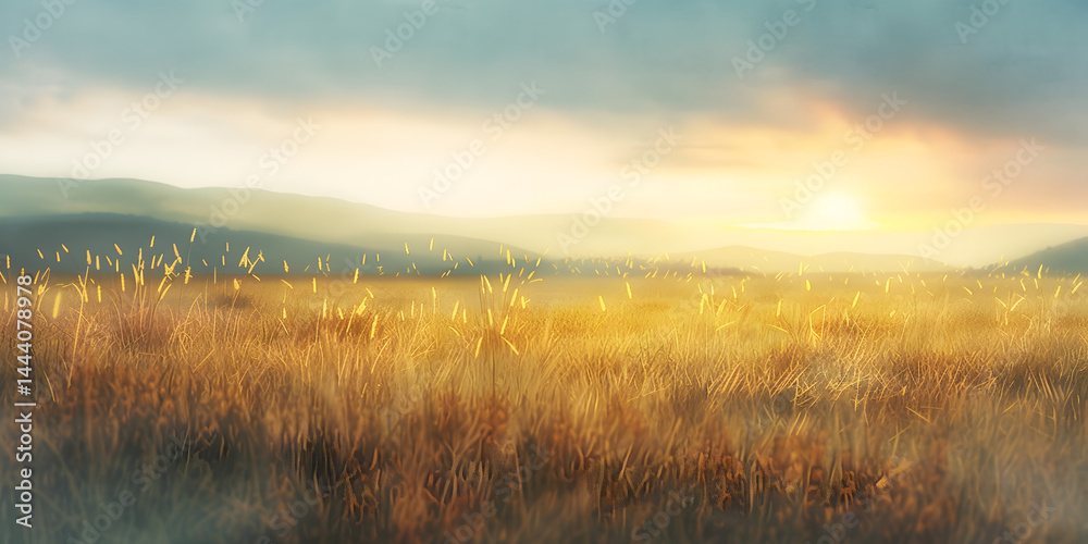 Golden Grassland Under Soft Hazy Sky at Sunrise with Gentle Hills Glowing in Warm Light