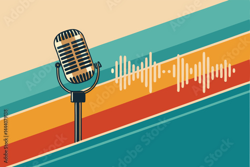 Create a vibrant illustration of a stylized, futuristic radio microphone, seemingly floating effortlessly above a vibrant, abstract cityscape.