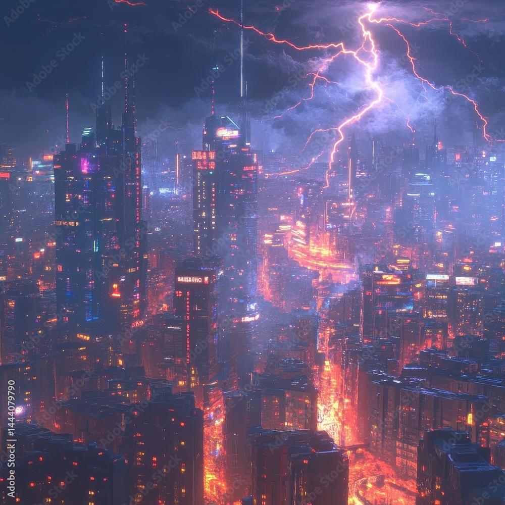 Obraz premium Night cityscape illuminated by lightning storm.