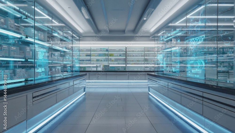 Obraz premium A futuristic pharmacy or laboratory with sleek glass shelves stocked with medical supplies, digital holographic displays. The high-tech design and blue lighting, a modern, advanced healthcare setting.