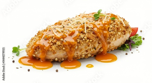 Gourmet chicken breast with nut crust and sauce, served with fresh greens.
