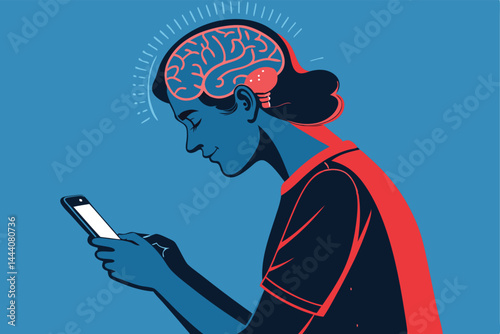 Surreal illustration of a person's head with their brain replaced by a lowercase 'p', showcasing a concept of simplified thinking or programmed mind.