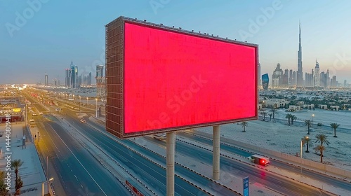 Red Billboard in Dubai Cityscape at Dusk