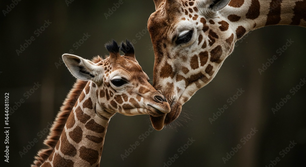Fototapeta premium A tender moment between a mother giraffe and her calf, showing affection and love.