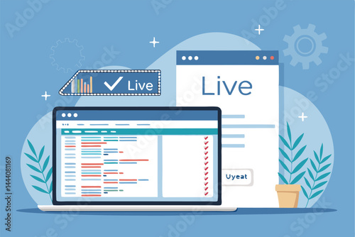 Illustrate a hand actively coding on a laptop, with a simultaneous live UI preview displayed on a second screen showcasing the code's effect.  Focus on clean, modern aesthetics.