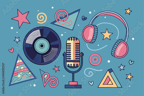 Create a vibrant illustration depicting podcasting equipment—microphone, headphones, mixer—surrounded by abstract, colorful shapes and splatters, suggesting creativity and energy.