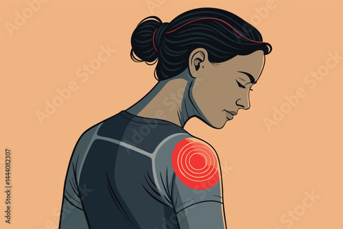 Create a medical illustration depicting intense shoulder pain, visualized with vibrant red hot areas indicating inflammation or nerve impingement.