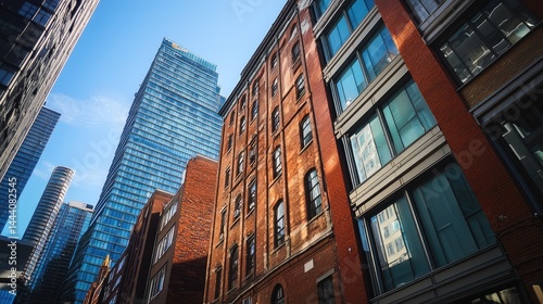 A business district featuring towering buildings with a mix of modern glass and vintage brickwork.
