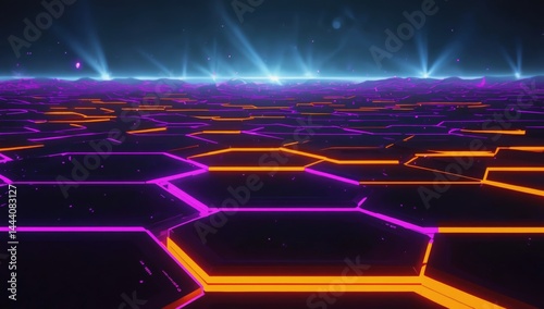Futuristic digital landscape with glowing neon hexagons and light beams in a cyberpunk inspired environment, abstract technology, digital world, virtual reality, and data driven concept design art.