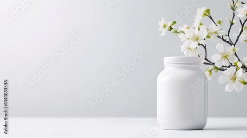 A white ceramic jar with delicate white flowers on a minimalist white surface, soft pastel background, and serene and elegant composition.