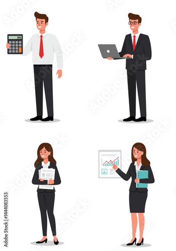 Simple flat design of four accountant characters standing on a white background, colorful, clean, professional, organized.