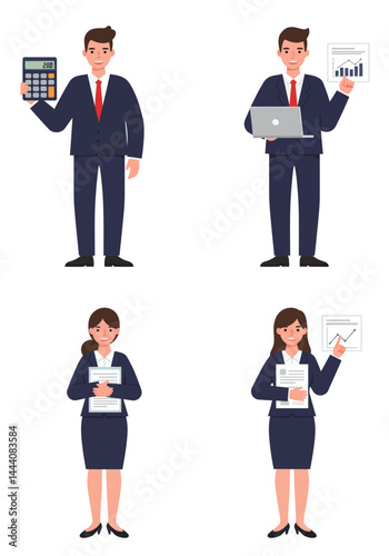 Simple flat design of four accountant characters standing on a white background, colorful, clean, professional, organized.