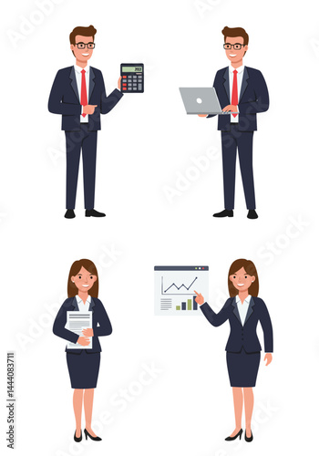 Simple flat design of four accountant characters standing on a white background, colorful, clean, professional, organized.