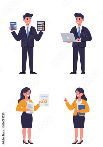 Simple flat design of four accountant characters standing on a white background, colorful, clean, professional, organized.