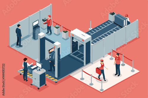 Create an isometric illustration of an airport security checkpoint, showing passengers, security personnel, and scanning equipment.  Include detailed elements and a clean, modern aesthetic.