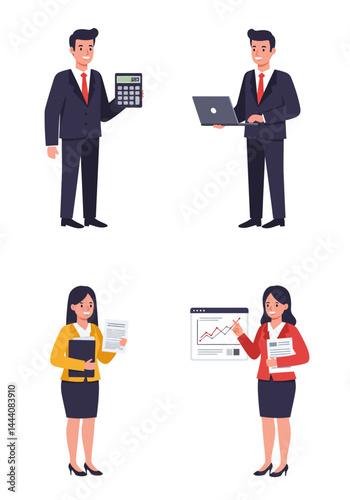 Simple flat design of four accountant characters standing on a white background, colorful, clean, professional, organized.