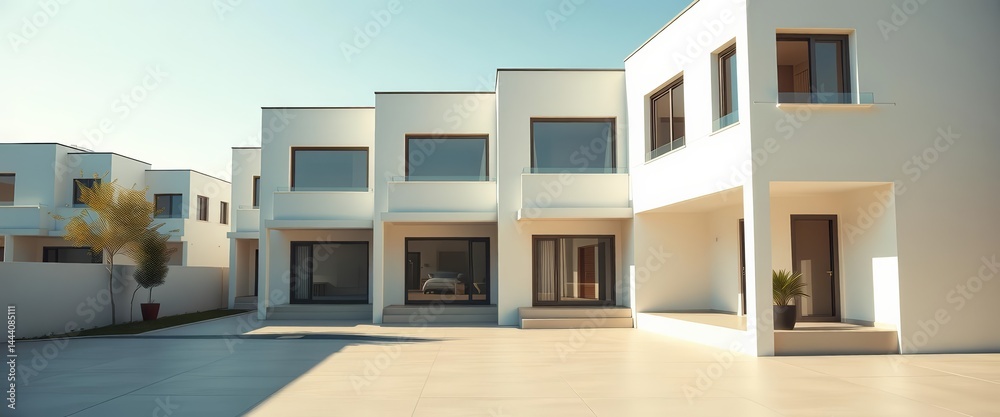 Modern modular townhouses, minimalist design, clean lines, empty space, morning light, light, homes Modern modular townhouses, minimalist design, clean lines, empty space, morning light, light, homes