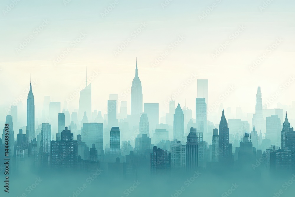 Naklejka premium New York City skyline shrouded in a hazy, pale morning mist.