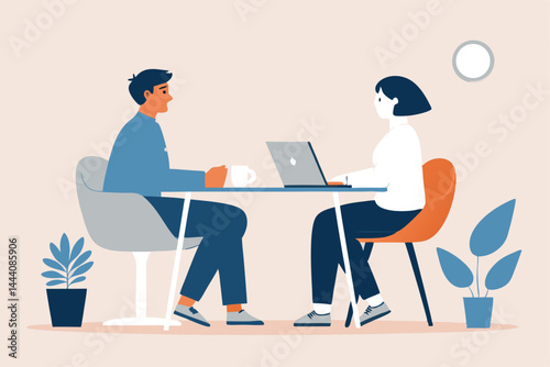 A professional job interview scene two individuals, one interviewer and one interviewee, sit opposite each other across a desk in a modern office.  The atmosphere is serious yet hopeful.