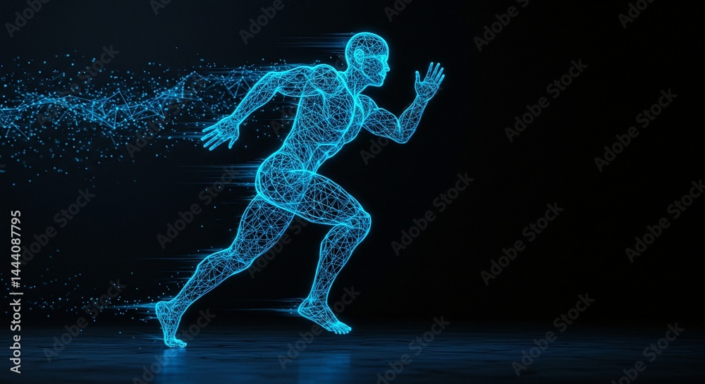 Naklejka premium Digital runner made of blue lines dashes across the screen with motion blur effects.