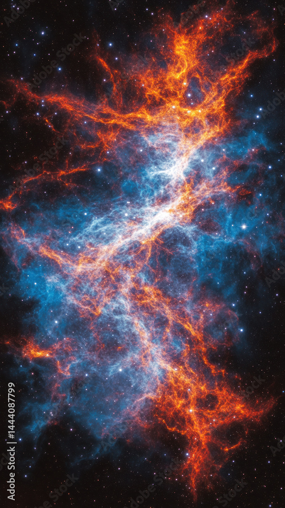 Naklejka premium A colorful space scene with a blue and orange cloud. The blue and orange colors are contrasting and create a sense of energy and movement. The stars in the background add to the overall sense of depth