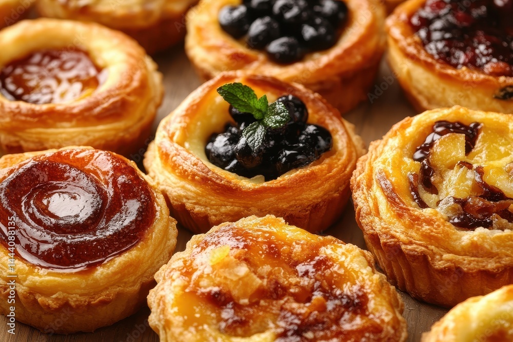Assorted freshly baked pastries with fruit toppings displayed on a wooden surface Assorted freshly baked pastries with fruit toppings displayed on a wooden surface