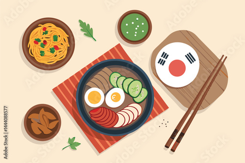 Create a vibrant vector illustration of Korean traditional food for a landing page.  Include bibimbap, kimchi, bulgogi, and other iconic dishes.  Style should be appealing and modern.