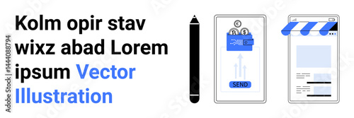 Smartphone with money transfer interface, stylus pen, and e-commerce webpage. Ideal for payment security, fintech, e-commerce, transactions, online shopping, digital marketing simple landing page