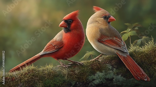 A male and female cardinal perched on a mossy branch