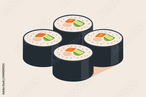Design a vibrant vector banner for a landing page showcasing delicious Korean gimbap.  Illustrate various gimbap rolls with fresh ingredients.